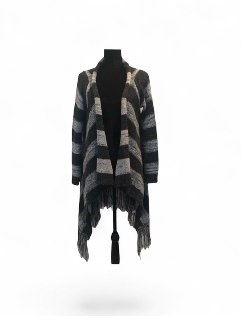 Monteau casual bohemian open front waterfall fringe grey knit cardigan small